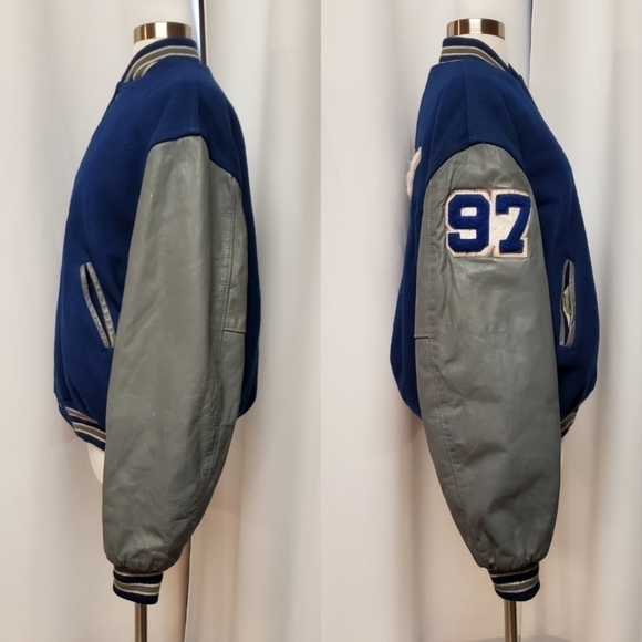 Vintage 90s Varsity Letterman High-school 2 Tone Wool Leather Bomber Jacket Lg - Picture 2 of 13